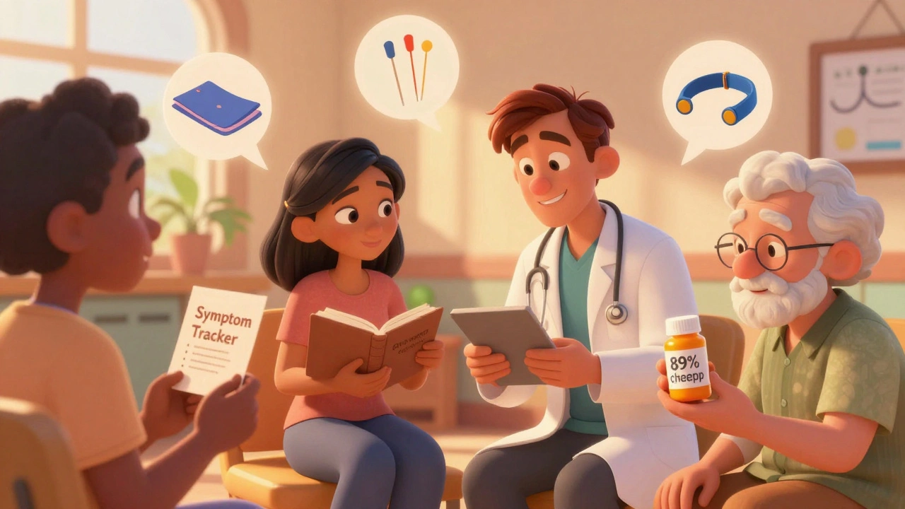 Diverse group of patients holding question cards in a community center with icons of safe medication alternatives.