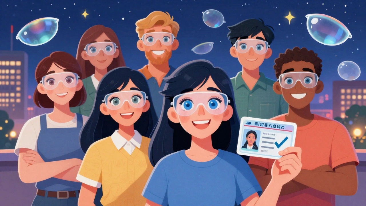 Diverse patients smile as their vision clears, with lenses transforming blurry scenes into sharp, vibrant worlds.