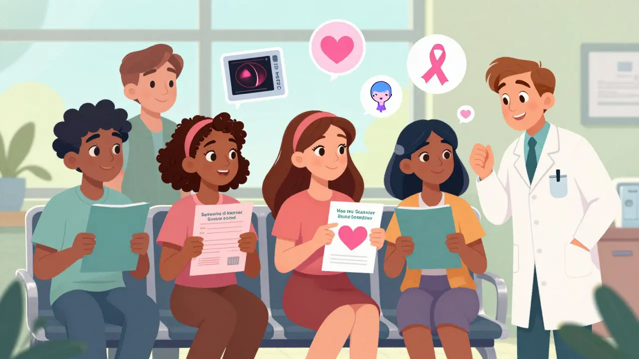 Diverse survivors and a doctor in a clinic, each holding personalized care plans with floating health test icons.