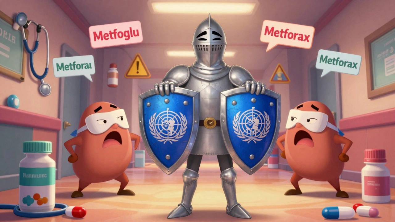 Heroic generic drug name &#039;Metformin&#039; blocking confusing brand names in a hospital hallway, Disney cartoon style.