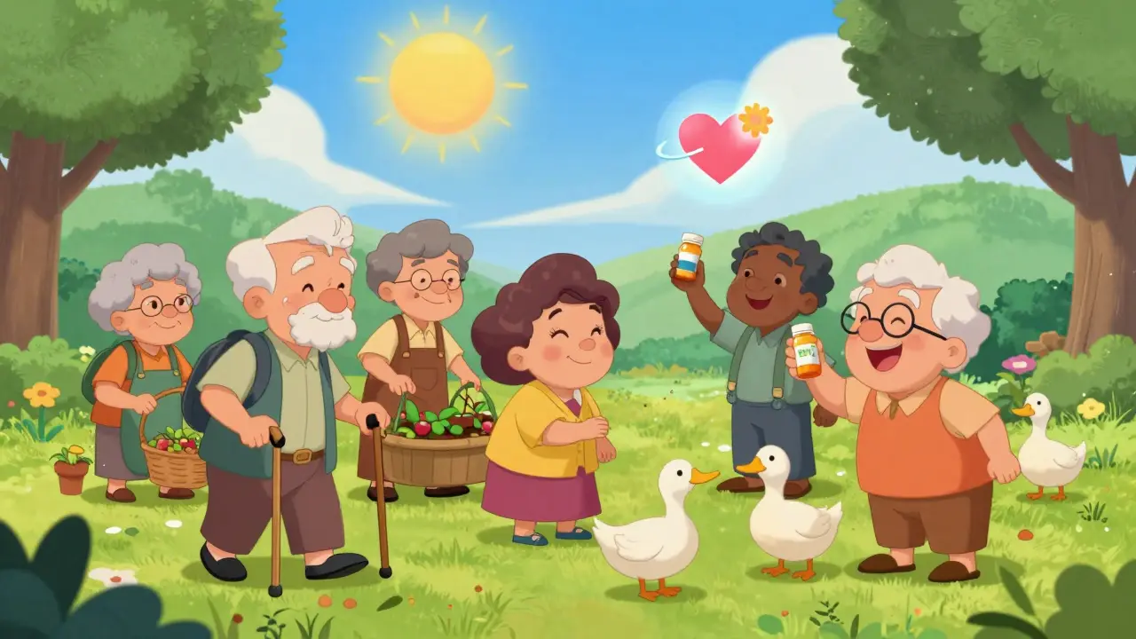 Older adults enjoying outdoor activities in a park, free from medication bottles.