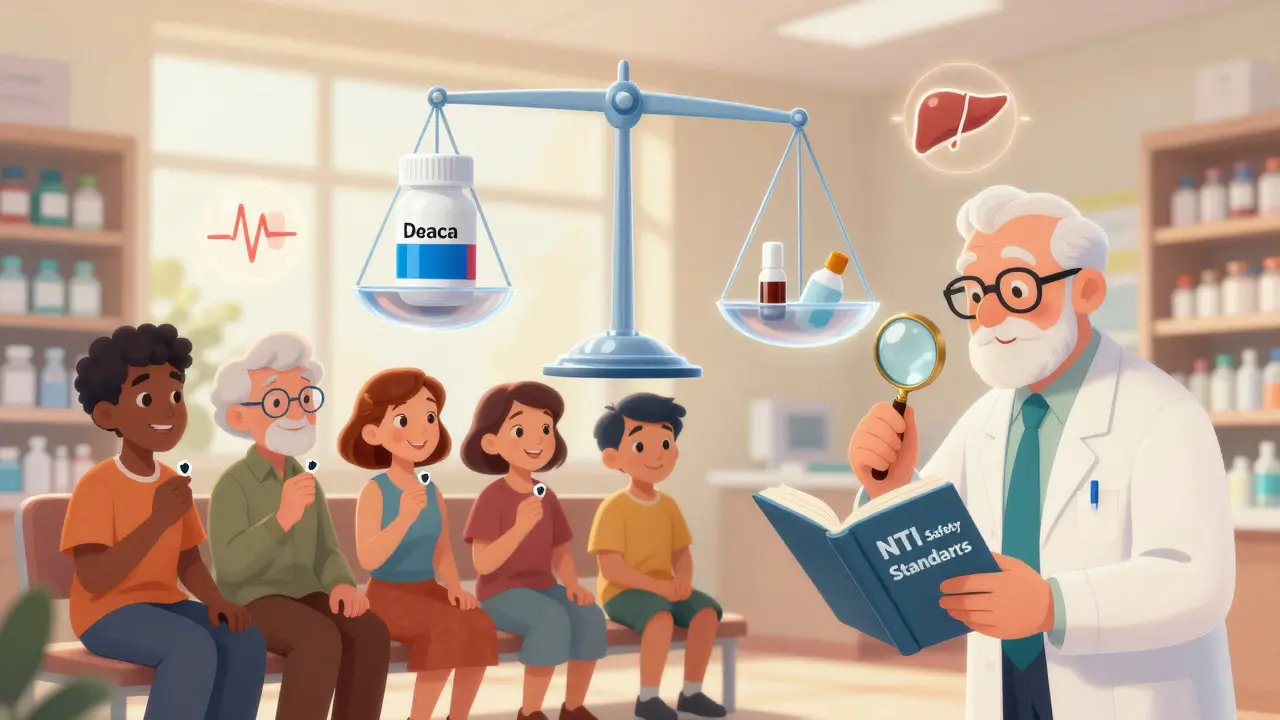 Patients in a pharmacy hold pills with shields as a scale balances brand and generic drugs perfectly.