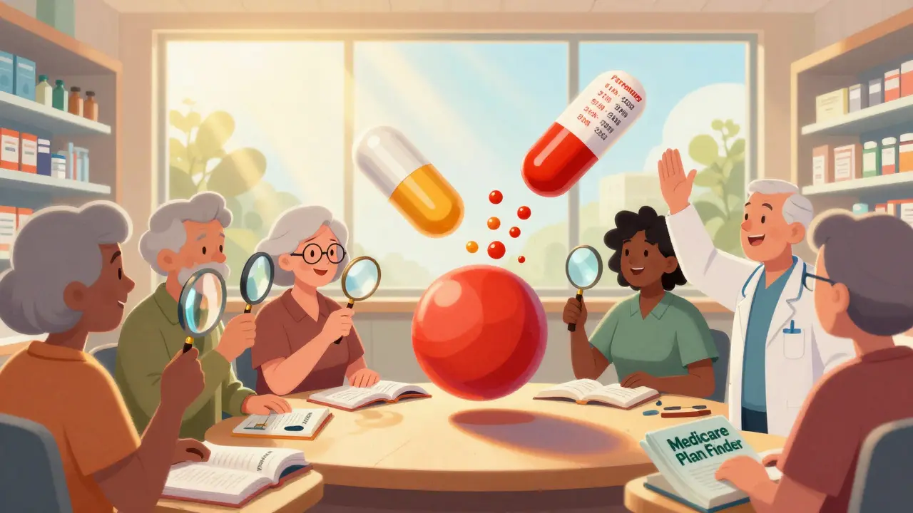 People use magnifying glasses to watch a combo pill split into cheaper generics under bright light.