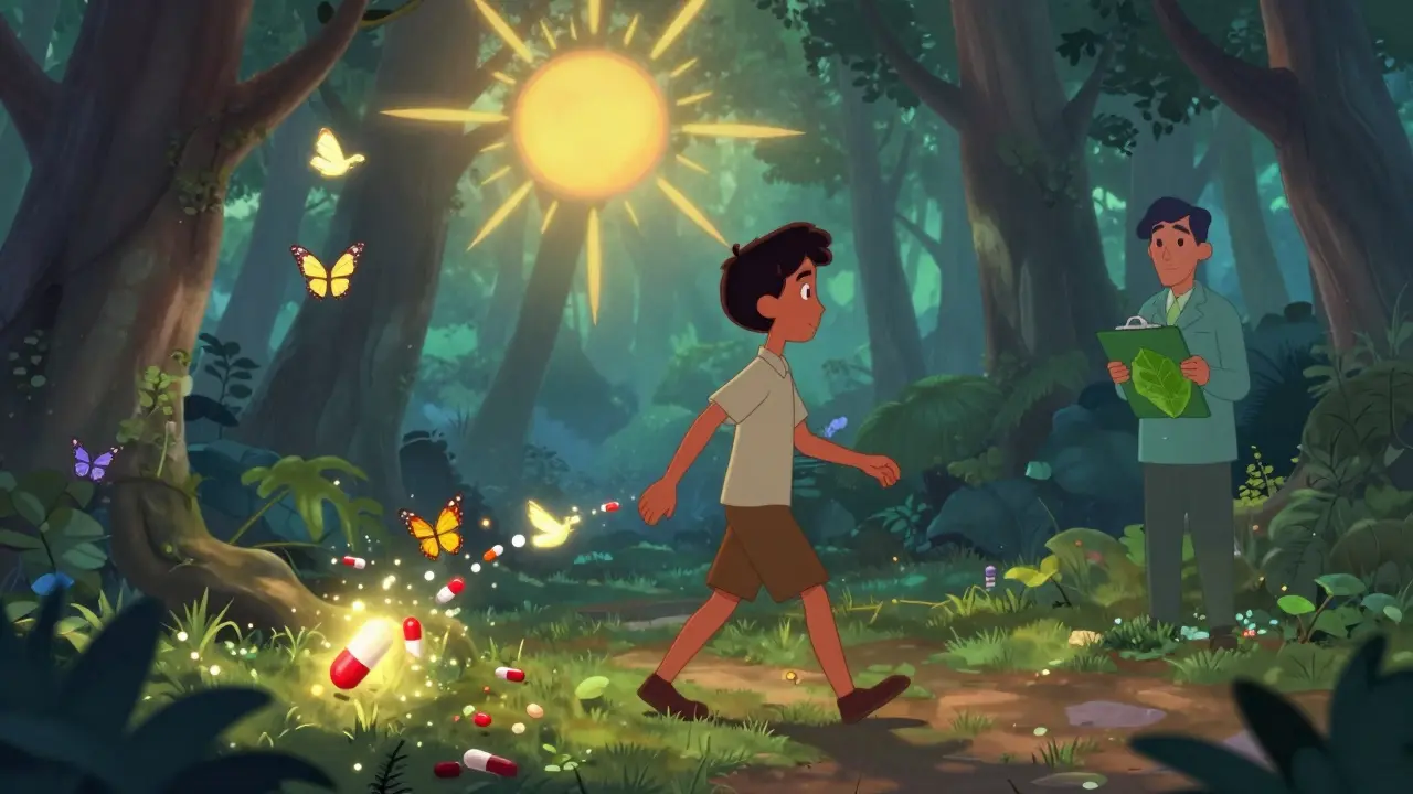 Person walking through a forest as opioid pills turn into butterflies and sunbeams, symbolizing natural recovery.