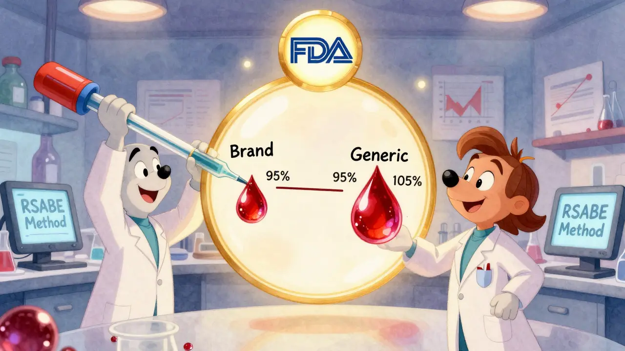 Scientists measure glowing blood droplets inside a tight 95-105% range under a glowing FDA badge.