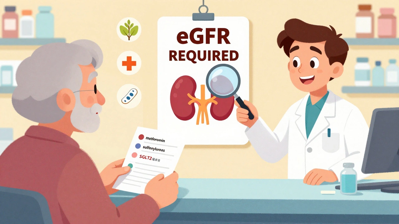 Senior patient and pharmacist reviewing diabetes medications at a pharmacy counter.