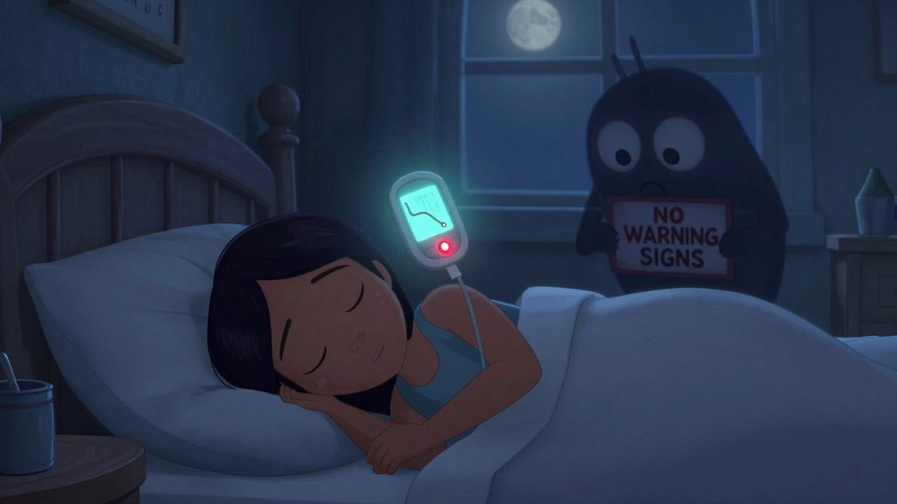 Sleeping person with a glowing CGM showing low blood sugar, no warning signs.