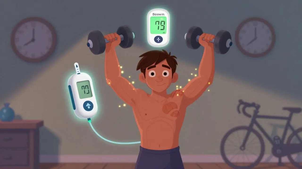 Someone lifting weights with glowing glucose levels rising, an insulin pump adjusting, and a clock showing evening time in soft cartoon style.
