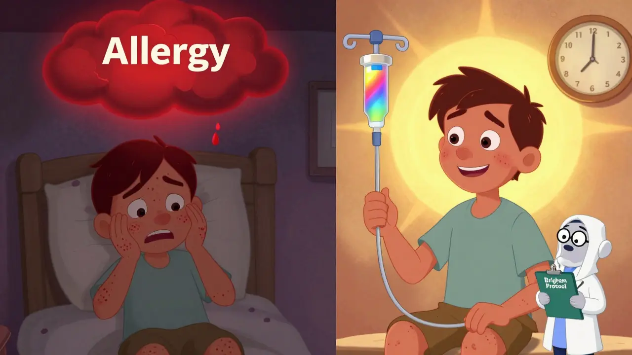 Split scene: allergic reaction vs. successful desensitization with glowing medical team.