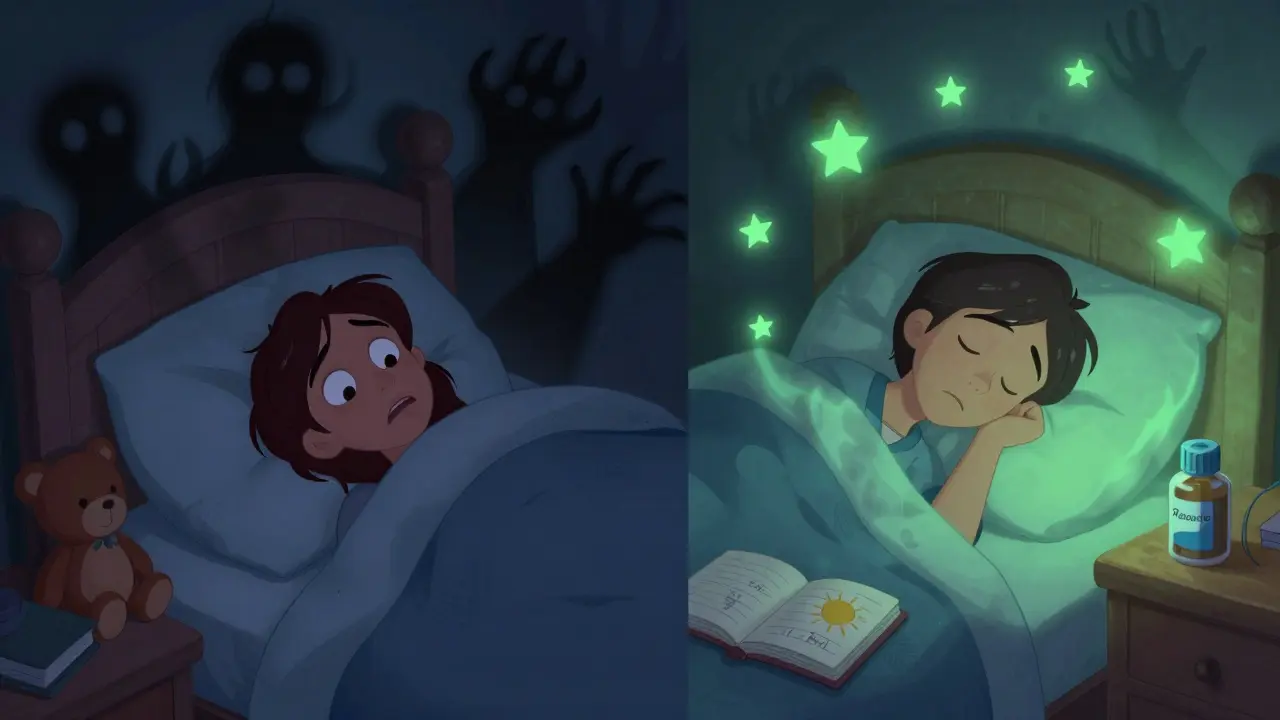 Split scene: one side shows fear at night with nightmares, the other shows peaceful sleep with prazosin and a journal.