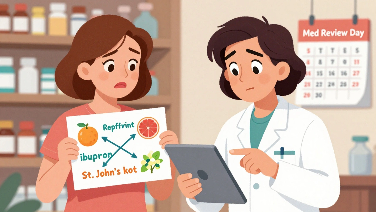 Woman and pharmacist reviewing drug interactions on a colorful medication chart with safety checklist.