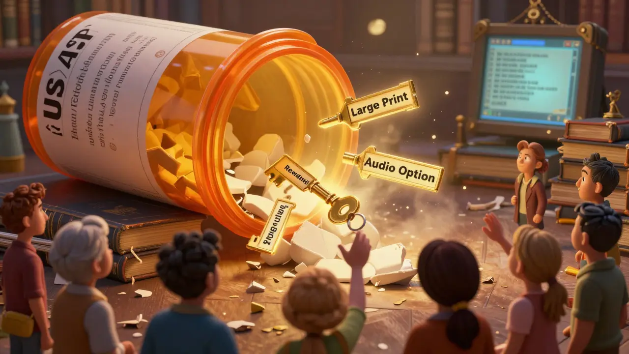 A broken pill bottle releases glowing standardized label keys as patients reach for them, symbolizing change.