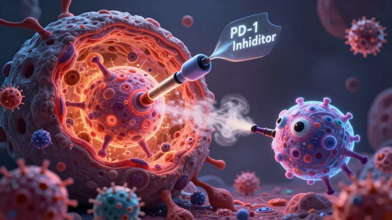 A CAR-T cell fires a PD-1 inhibitor dart into a tumor fortress, breaking through barriers with radiant energy.
