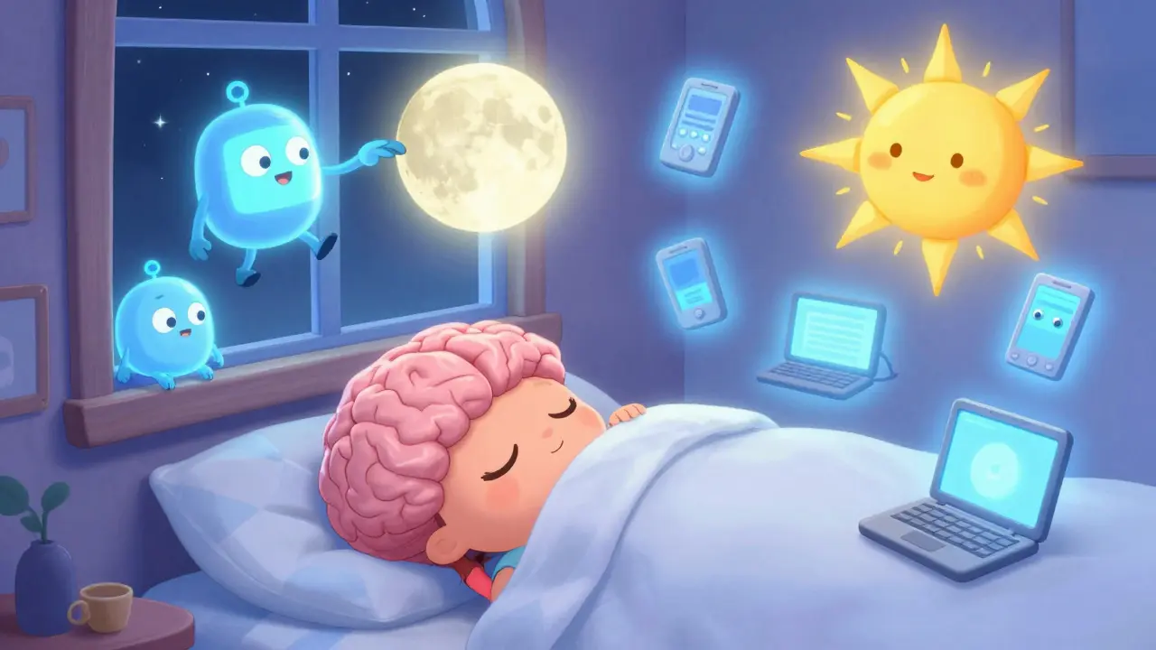 A cartoon brain asleep under a blanket, attacked by blue light monsters with screens, replacing the melatonin moon with a sun.