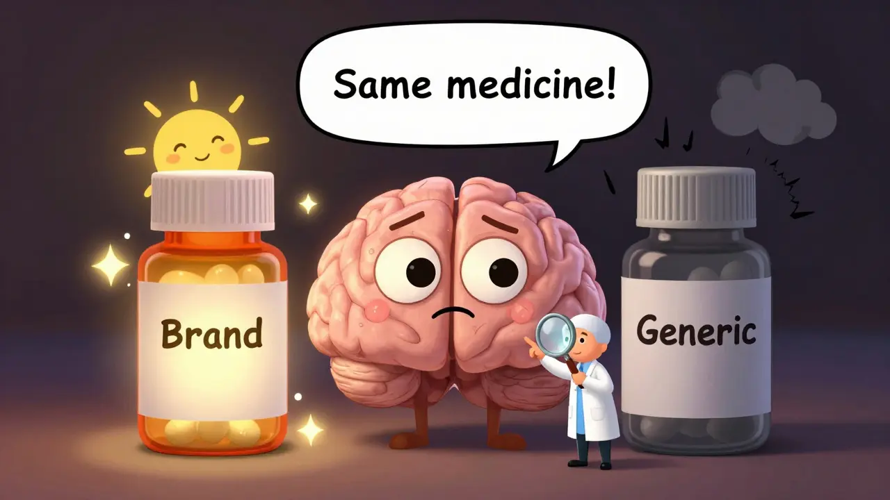 A cartoon brain between brand and generic pill bottles, with a scientist revealing they are identical.
