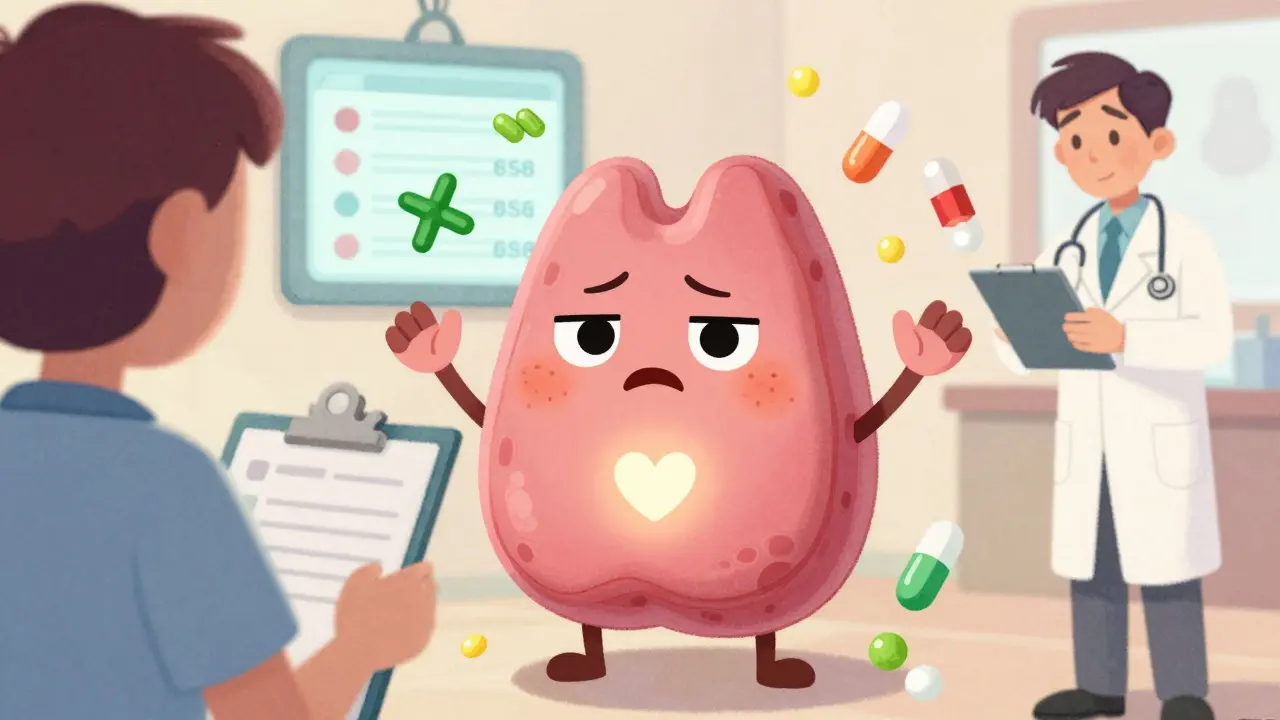 A cartoon thyroid gland overwhelmed by blocked hormones, with selenium and levothyroxine as healing tools nearby.