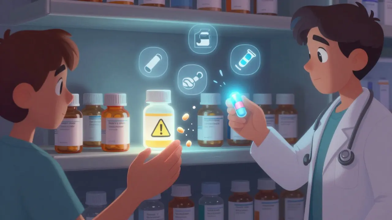 A crumbling generic pill beside a glowing brand-name pill on a pharmacy shelf, with warning icons floating nearby.