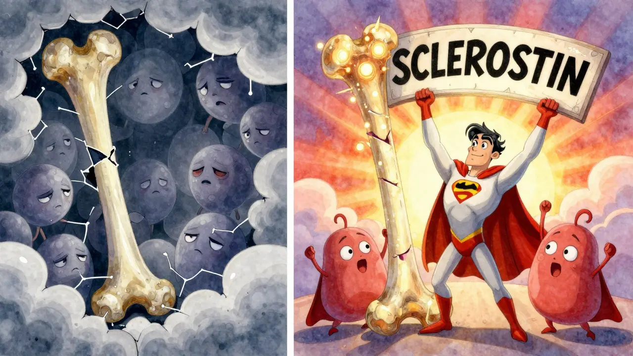 A damaged bone healing as a superhero antibody destroys sclerostin, with osteoblasts rebuilding bone in bright colors.