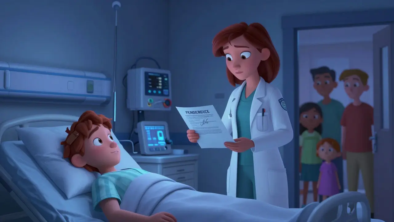 A determined agent confidently speaking with a doctor about medical decisions for an unconscious patient.