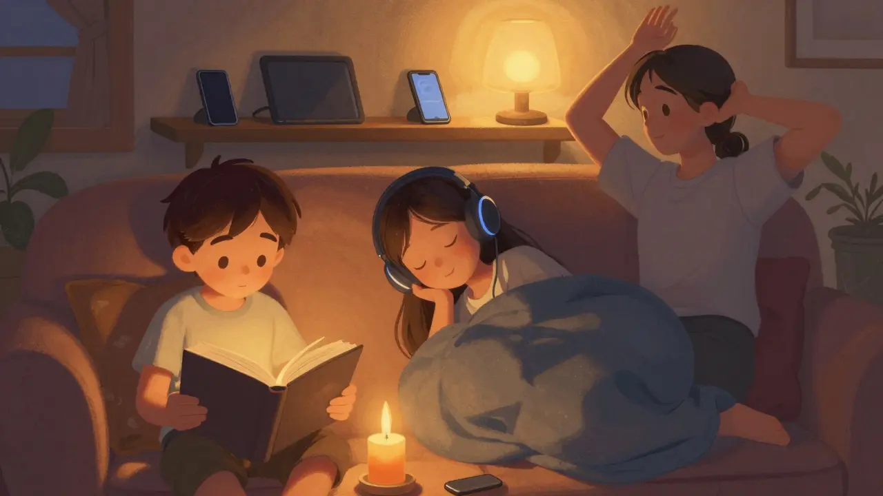 A family enjoying screen-free bedtime activities like reading and stretching, with devices turned off on a shelf nearby.