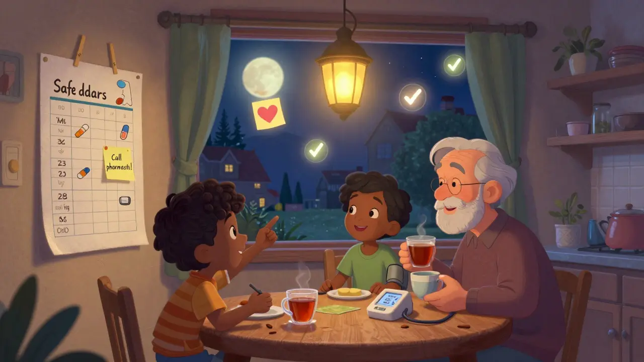 A family reviewing a illustrated medication chart at a kitchen table with glowing safety icons outside the window.