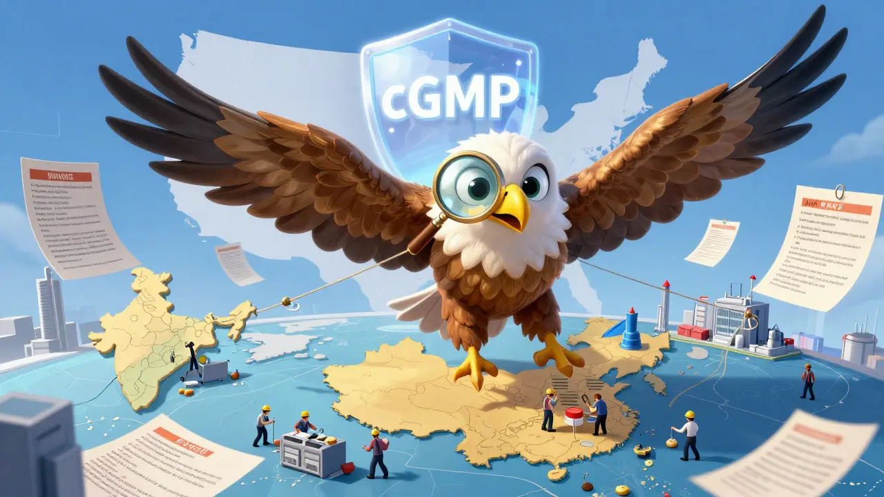 A giant FDA eagle watches over global drug factories, pulling strings of inspections and compliance.