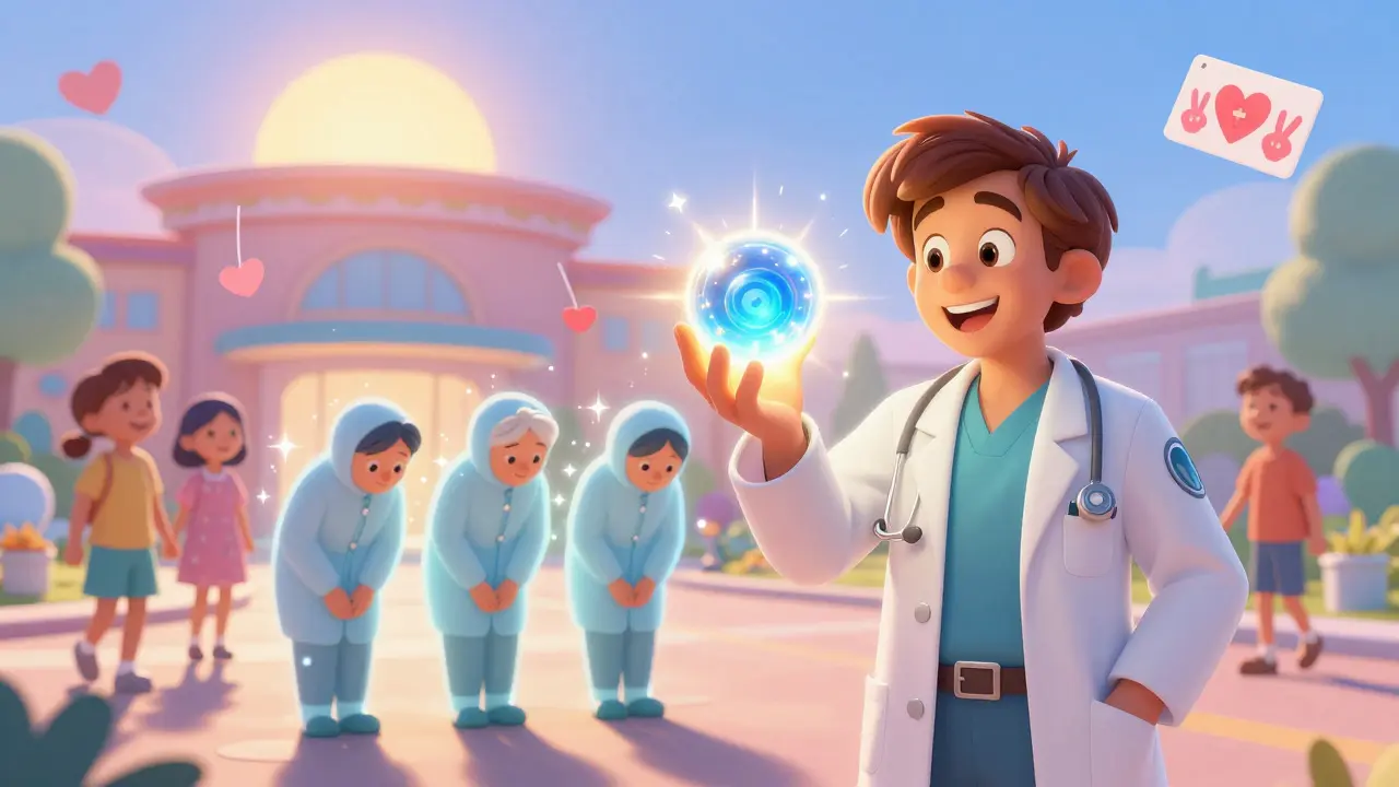 A glowing universal reversal agent shines as older agents fade away, patients walk to recovery under a rising sun.