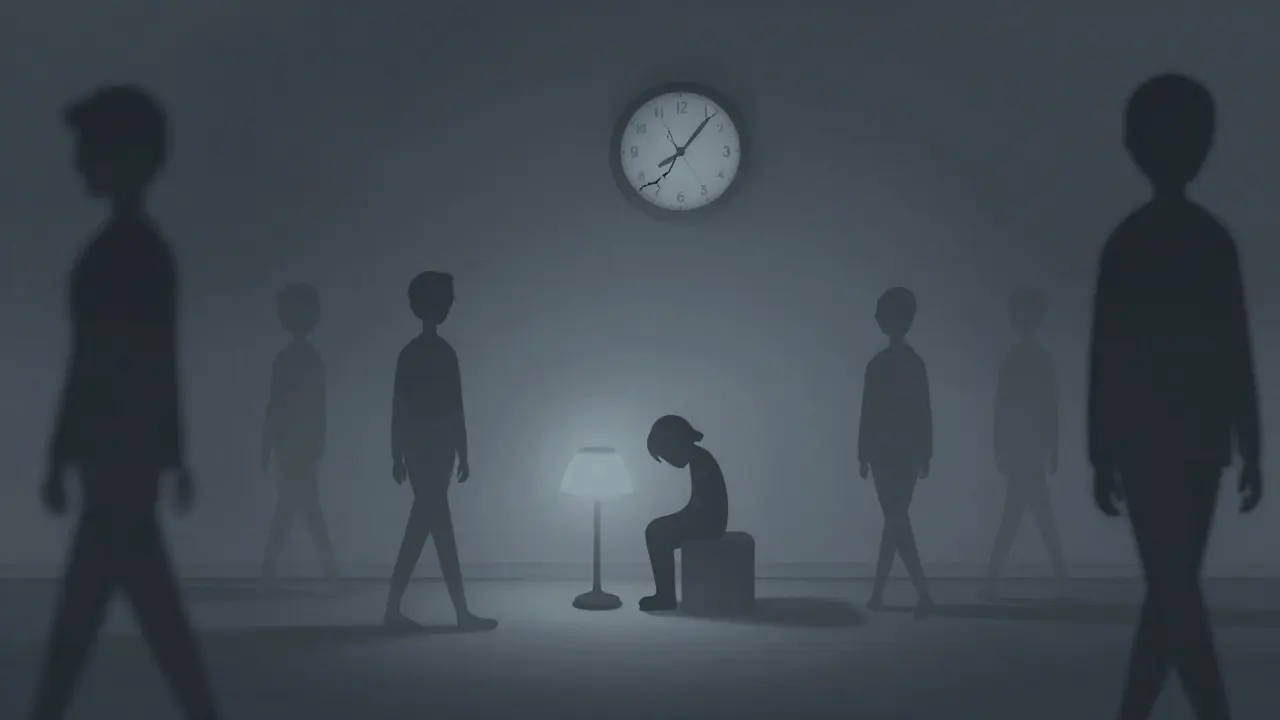 A lonely figure in a gray, foggy room, surrounded by empty silhouettes, with no light or memories to lift the mood.