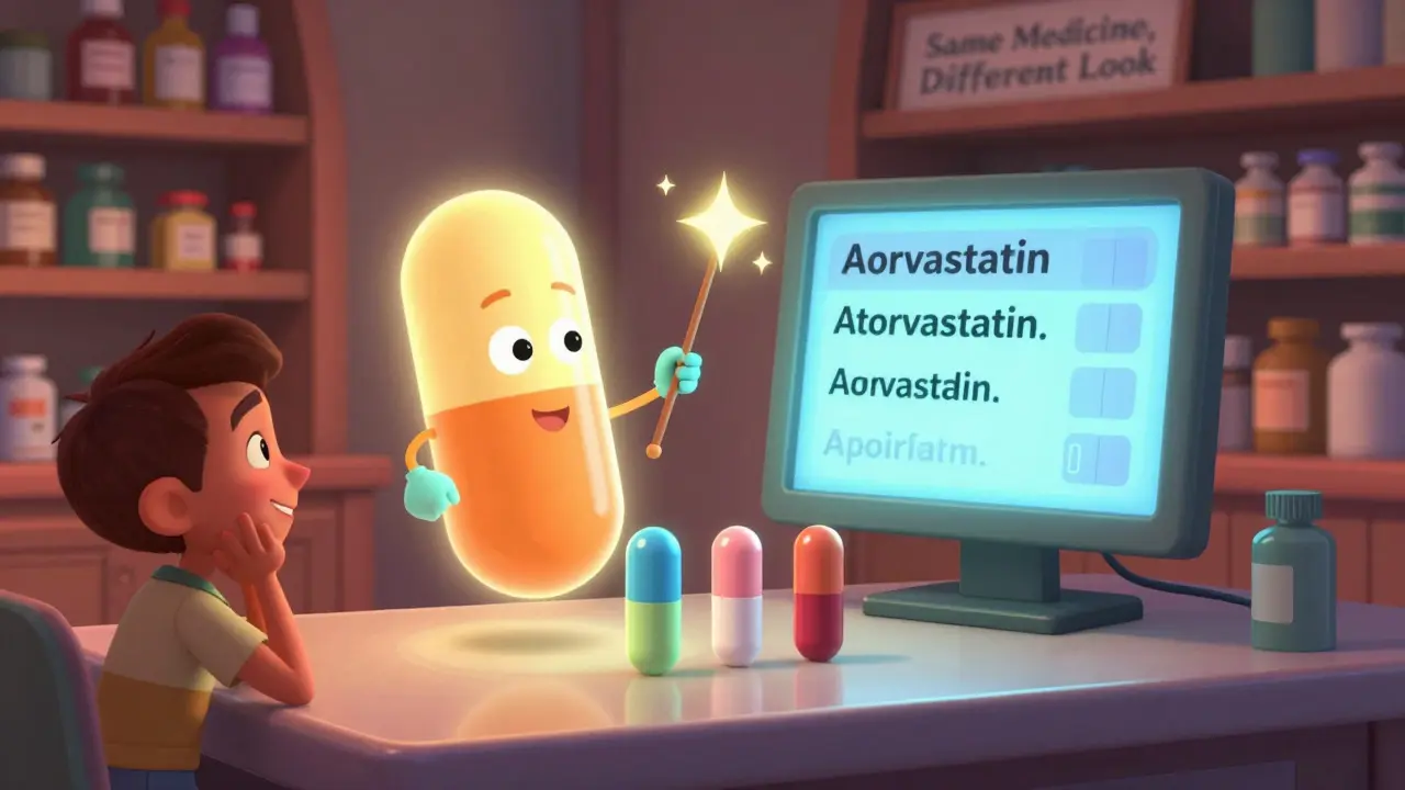 A magical pill with a face scans three different generic medications on a counter, displaying matching names on a glowing screen.