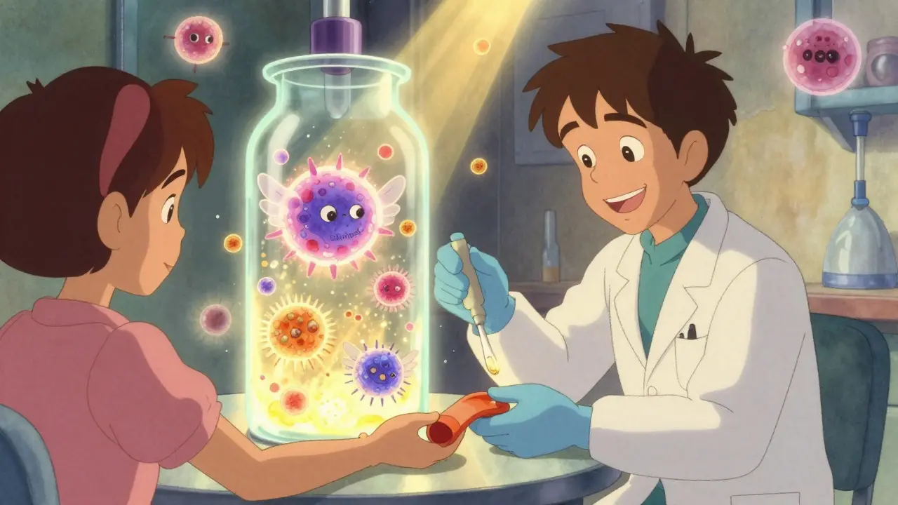 A patient donates blood as glowing CAR-T cells multiply in a magical vial, surrounded by soft light and floating cells.