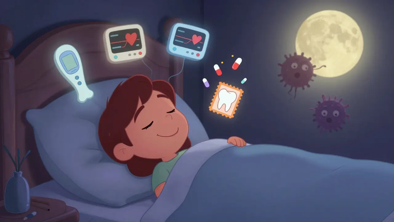 A patient sleeping peacefully as healing medical symbols float around them, illustrating bone recovery from myeloma.