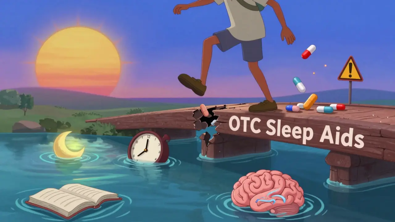 A person stepping away from harmful sleep pills into a calm river of natural sleep routines at sunrise.