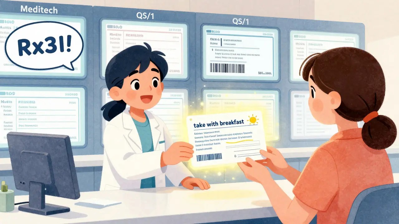 A pharmacist hands a clear, large-print prescription label to a patient, while chaotic label designs float behind.