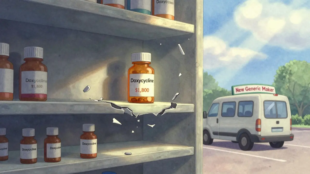 A single expensive generic pill sits on a broken shelf as a new manufacturer arrives to restore competition.