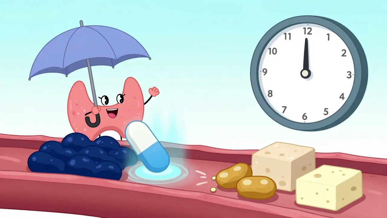 A smiling thyroid gland protects a pill from soy sponges, showing how timing prevents interference.