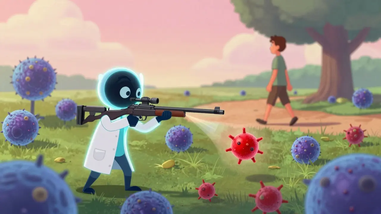 A sniper-like biologic medicine targets one inflammatory molecule among immune cells in a cartoon clinic.