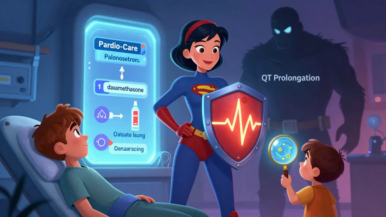 A superheroine protects a patient from a QT prolongation monster, with safer meds glowing behind her.