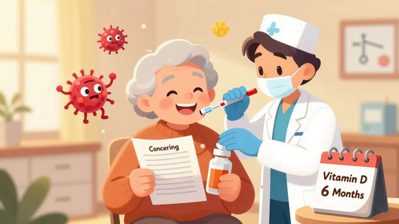 An elderly patient smiles with a dentist and vitamin D bottle, showing bone health and gum care during long-term phenytoin use.