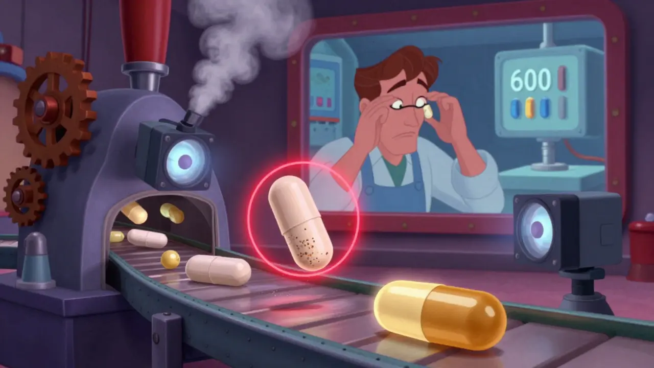 An old factory machine next to modern AI scanners checking pills on a conveyor belt in a cartoon style.