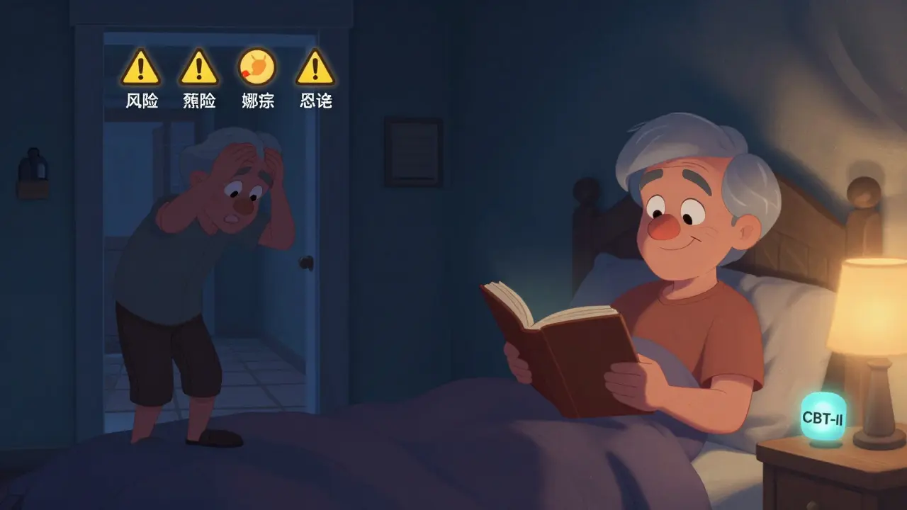 An older adult on the left struggling with side effects, on the right sleeping peacefully with healthy habits.