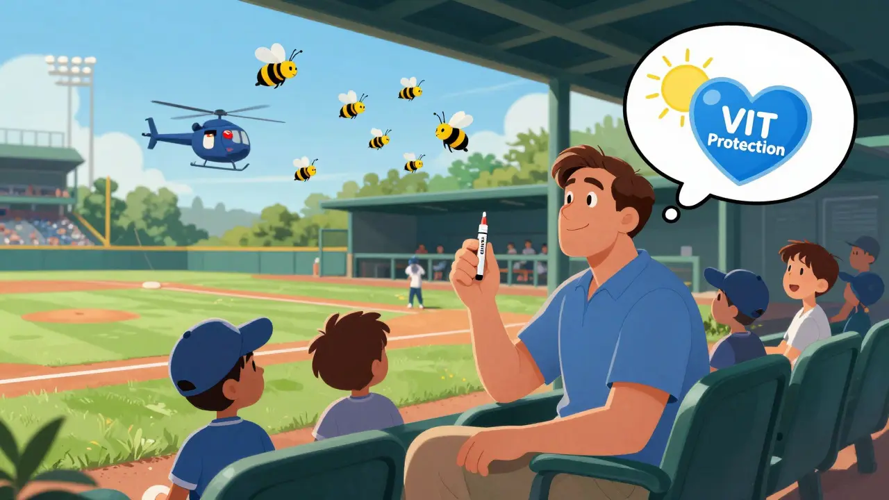 Dad relaxed at a baseball game as bees hover nearby, no EpiPen needed.