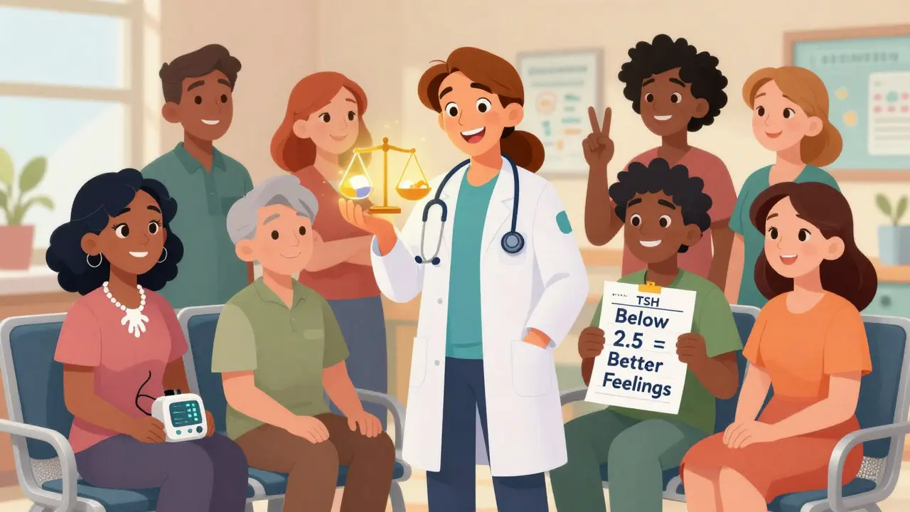 Diverse patients in a clinic, each holding symbols of thyroid care, with a doctor offering a balanced lithium scale.