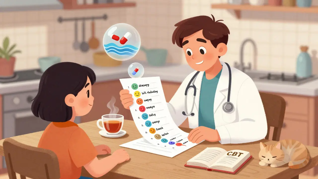 Doctor and patient reviewing a colorful tapering chart together at a kitchen table.