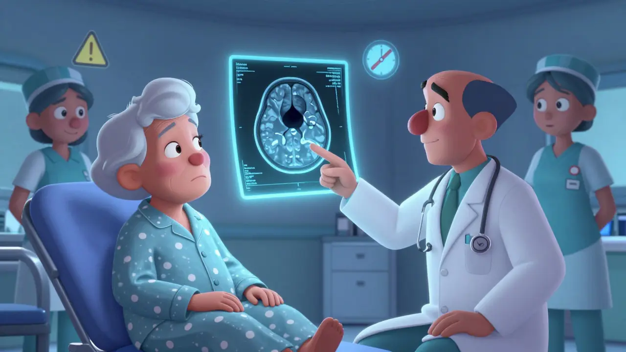 Doctor showing a CT scan of brain bleeding to a patient in a friendly ER setting.