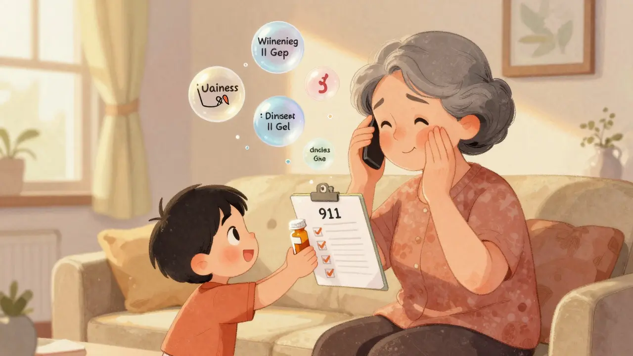 Grandmother with floating warning signs of brain injury, guided by grandchild to seek help.