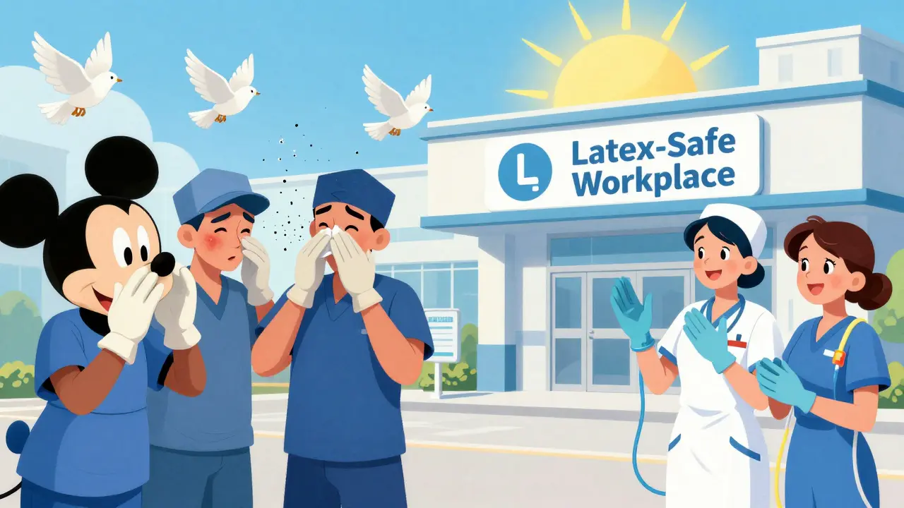 Hospital transformation scene: old powdered gloves vs modern latex-free safety equipment