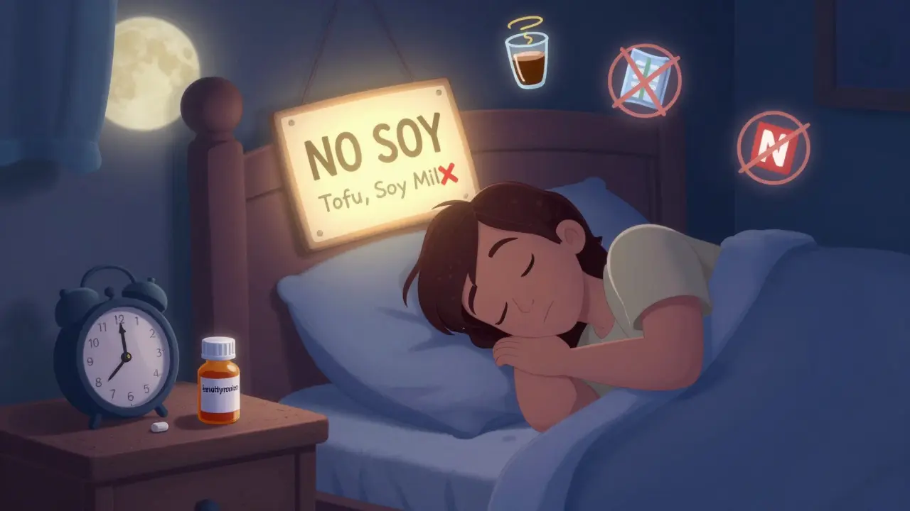 Nighttime pill routine with soy foods kept away by a glowing sign, ensuring safe absorption.