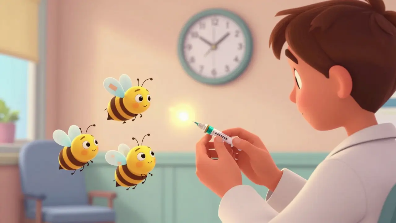 Patient receiving a gentle venom injection in a clinic with friendly cartoon insects.