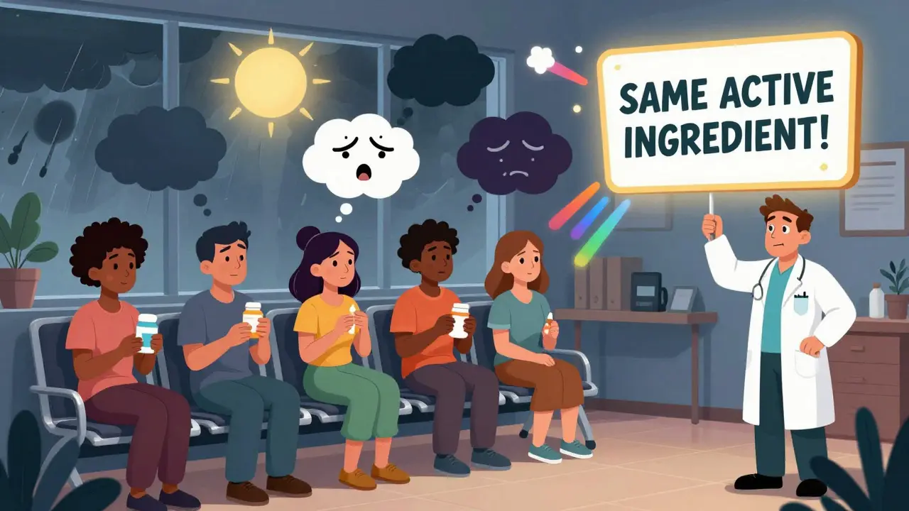 Patients in a clinic with fear-filled thought bubbles, dispelled by a pharmacist's glowing message of equivalence.