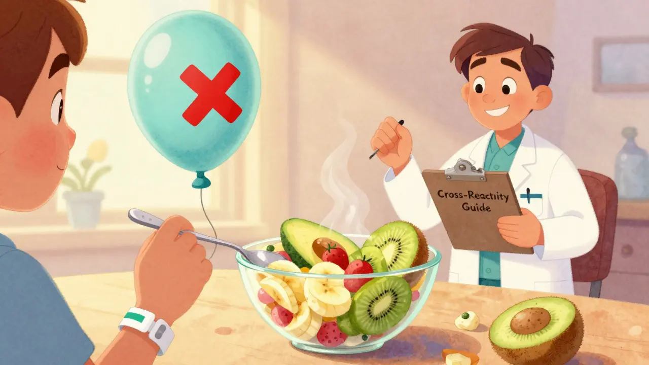 Person eating fruit salad with banana and avocado, latex balloon with X over it nearby